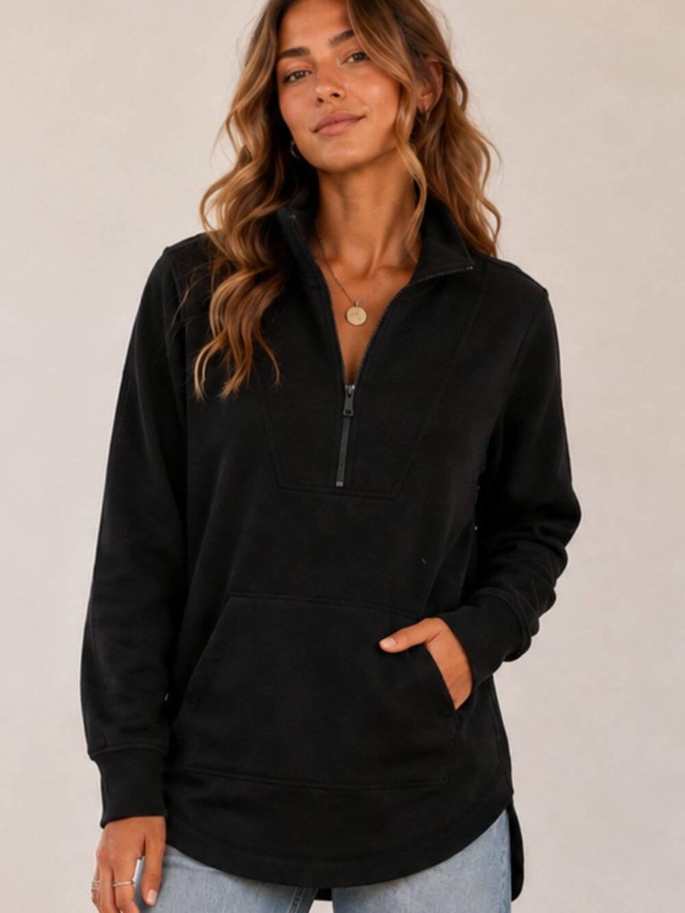 STYLE & CO LuxLounge Black Quarter-Zip Fleece Sweatshirt Kangaroo Pocket PS NWOT